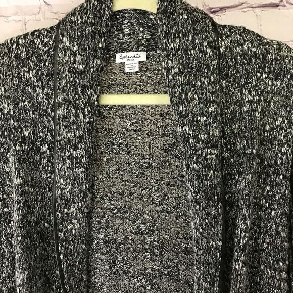 Splendid Open Knit Black White Texture Cardigan Faux Leather Trim Shawl Collar S - Picture 6 of 13